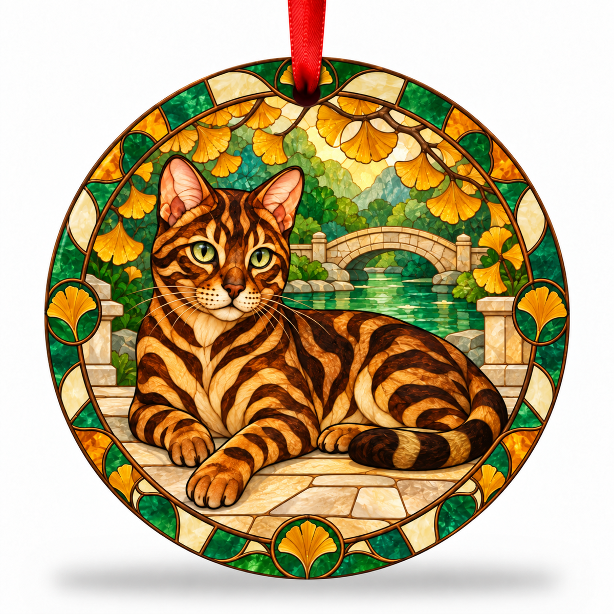 Brown Marbled Bengal stained glass style porcelain Christmas ornament with red ribbon