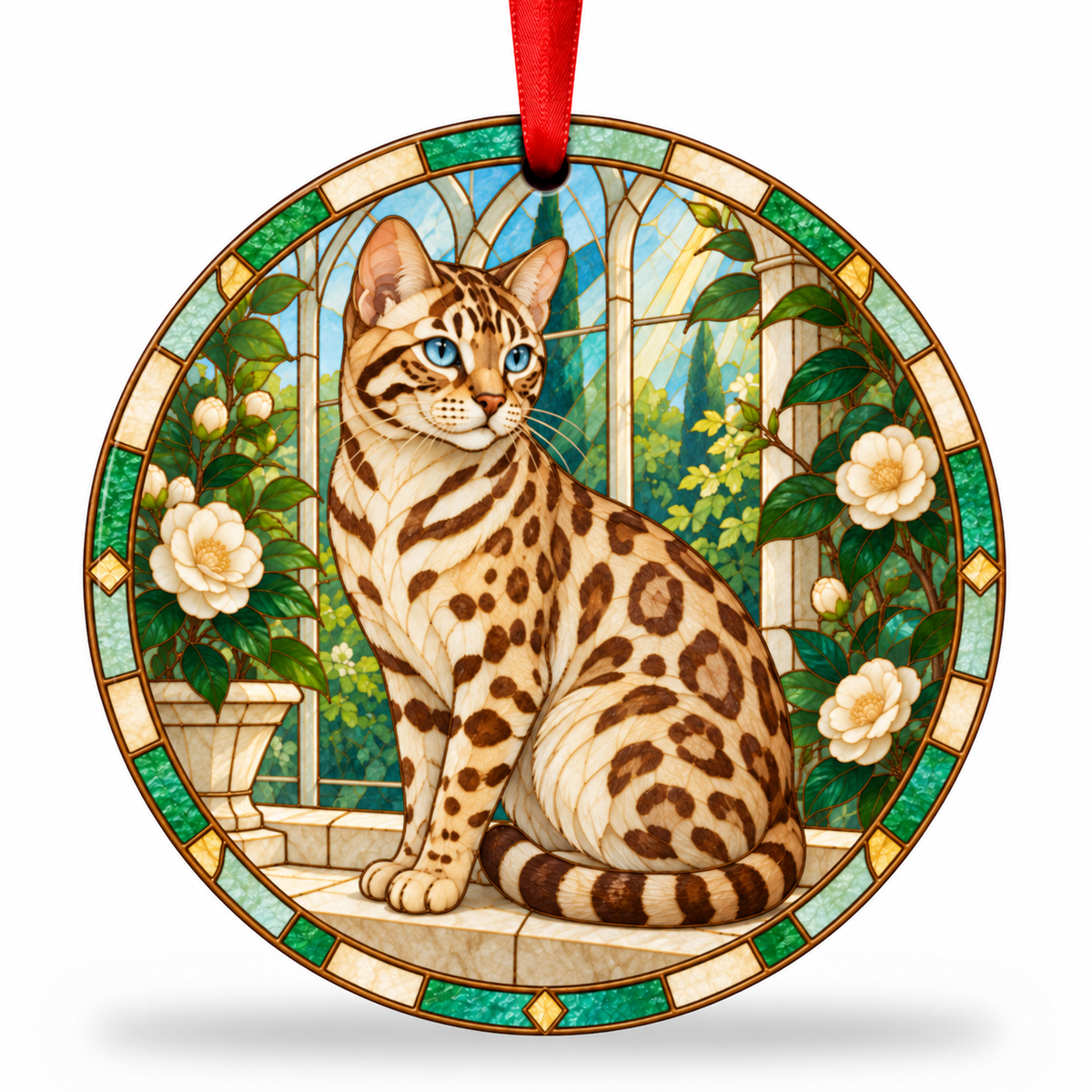 Snow Rosetted Bengal stained glass style porcelain Christmas ornament with red ribbon