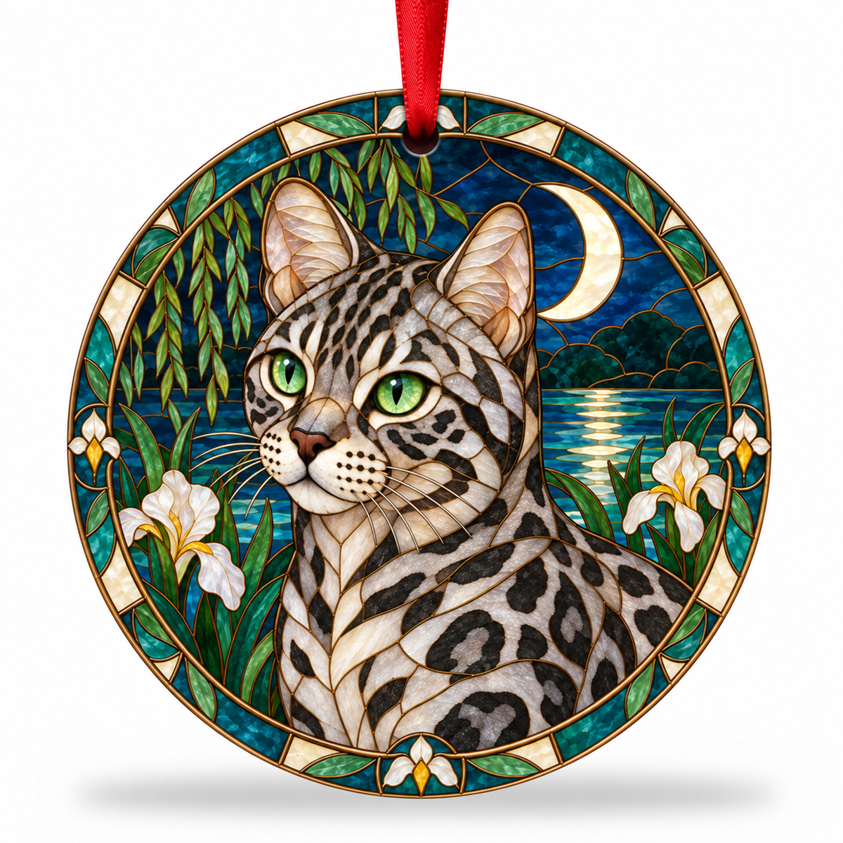Silver Rosetted Bengal stained glass style porcelain Christmas ornament with red ribbon