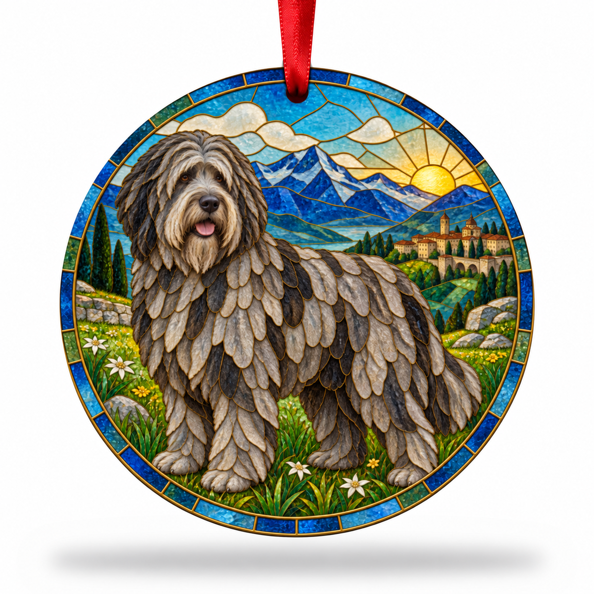Original Bergamasco Sheepdog stained glass style porcelain Christmas ornament with red ribbon