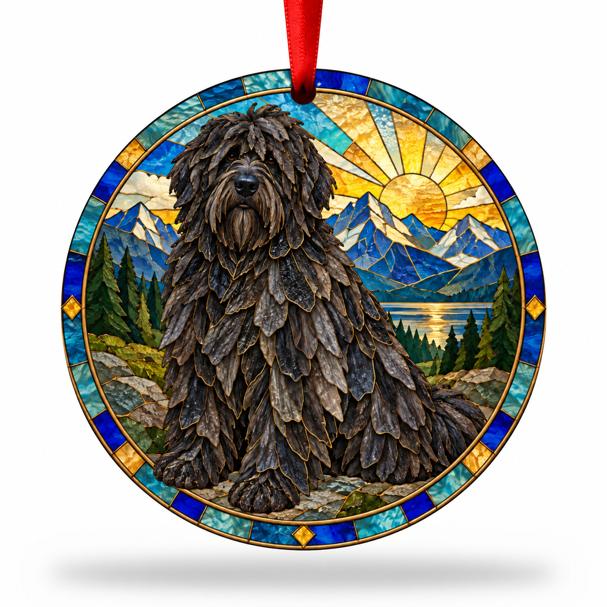 Solid Black Bergamasco Sheepdog stained glass style porcelain Christmas ornament with red ribbon