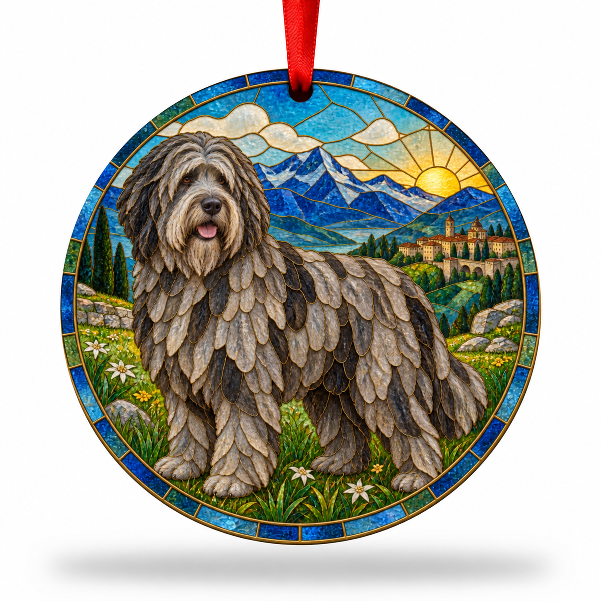 Original Bergamasco Shepherd Dog stained glass style porcelain Christmas ornament with red ribbon