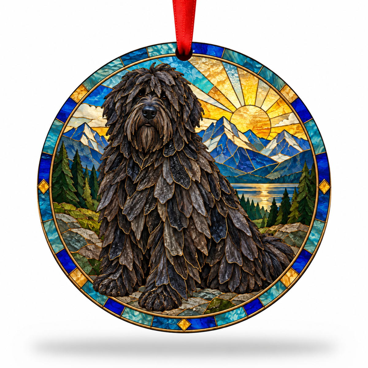 Solid Black Bergamasco Shepherd Dog stained glass style porcelain Christmas ornament with red ribbon