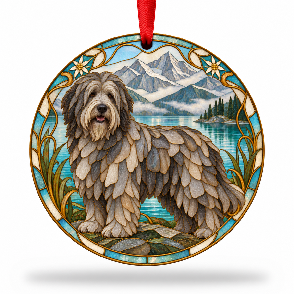 Gray Isabella Tinges Bergamasco Shepherd Dog stained glass style porcelain Christmas ornament with red ribbon