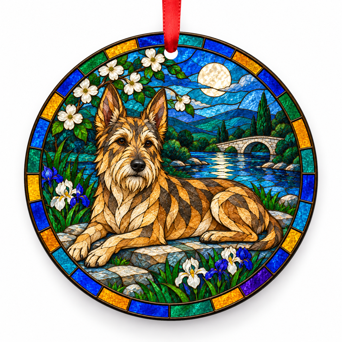 Berger Picard Fawn Brindle porcelain Christmas ornament with red ribbon — ORN-10253