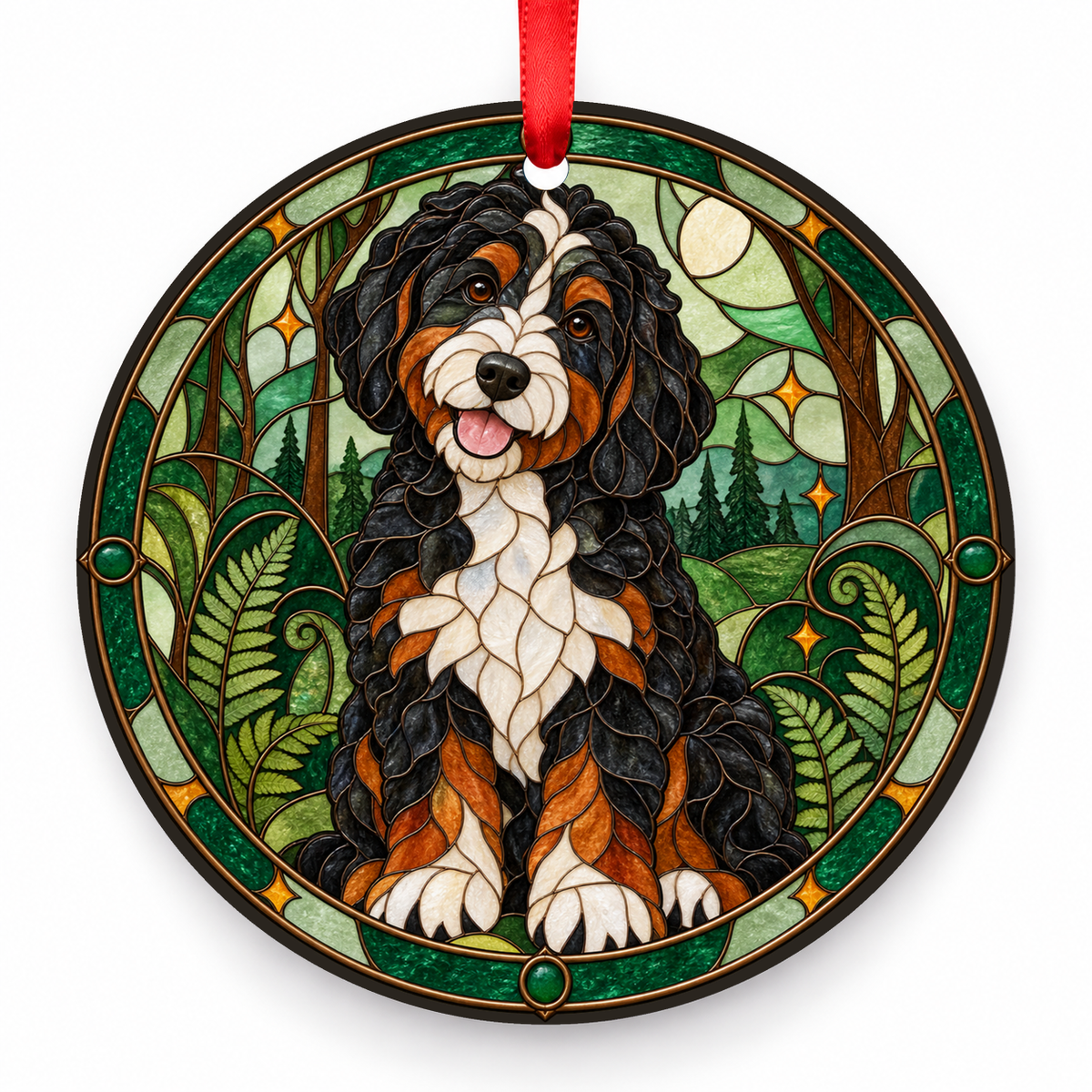 Bernedoodle Tricolor porcelain Christmas ornament with red ribbon — ORN-10255