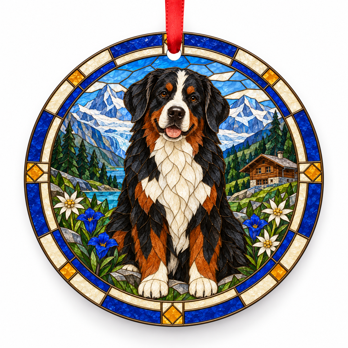 Bernese Mountain Dog Black, Tan and White porcelain Christmas ornament with red ribbon — ORN-10256