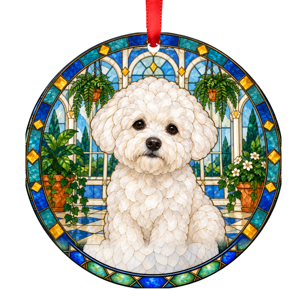 White Bichon Frise stained glass style porcelain Christmas ornament with red ribbon