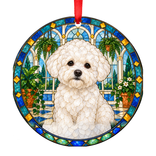 White Bichon Frise stained glass style porcelain Christmas ornament with red ribbon