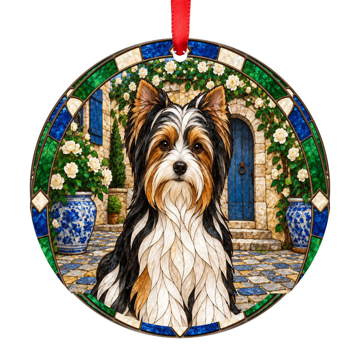 Black white and tan Biewer Terrier stained glass style porcelain Christmas ornament with red ribbon