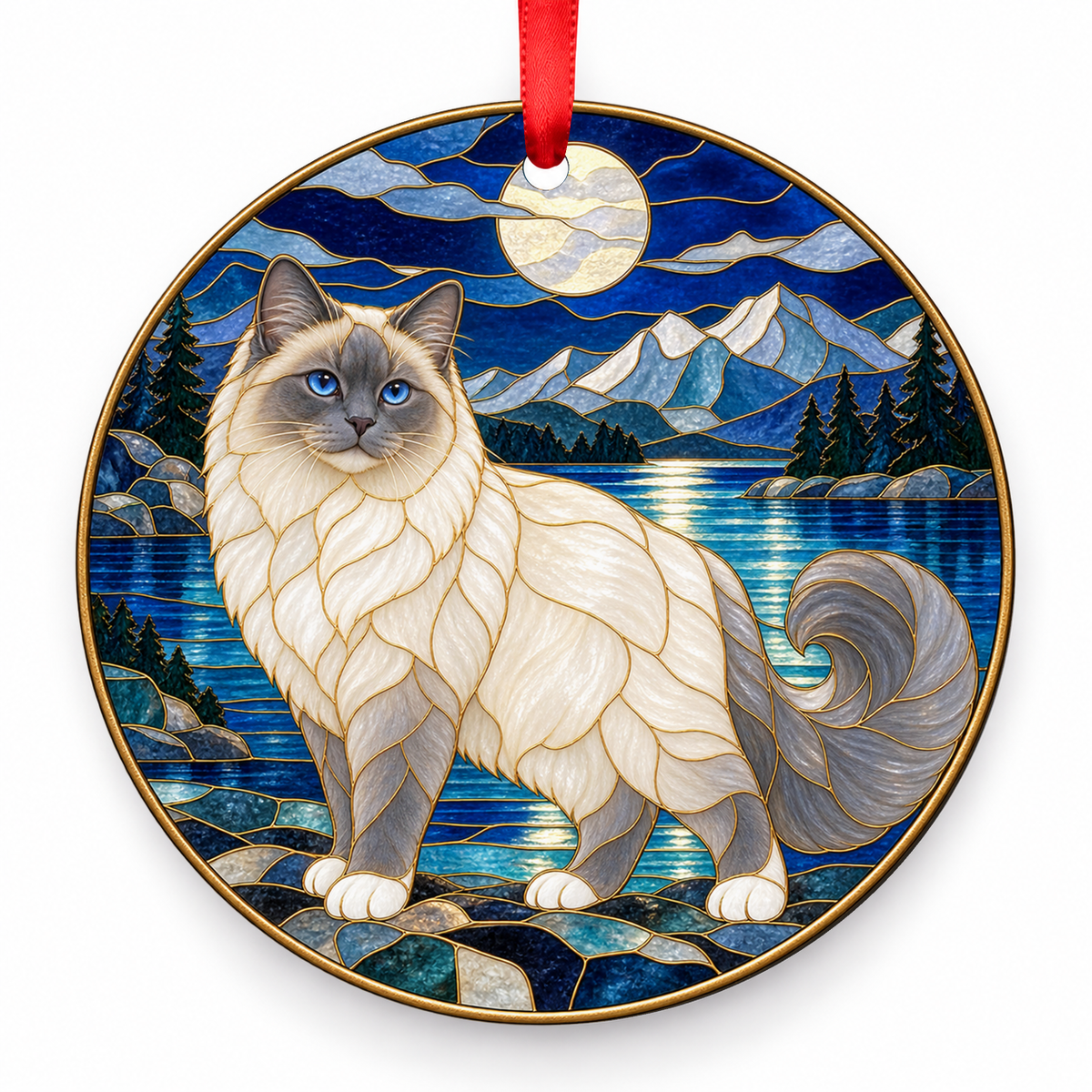 Birman Blue Point porcelain Christmas ornament with red ribbon — ORN-10260