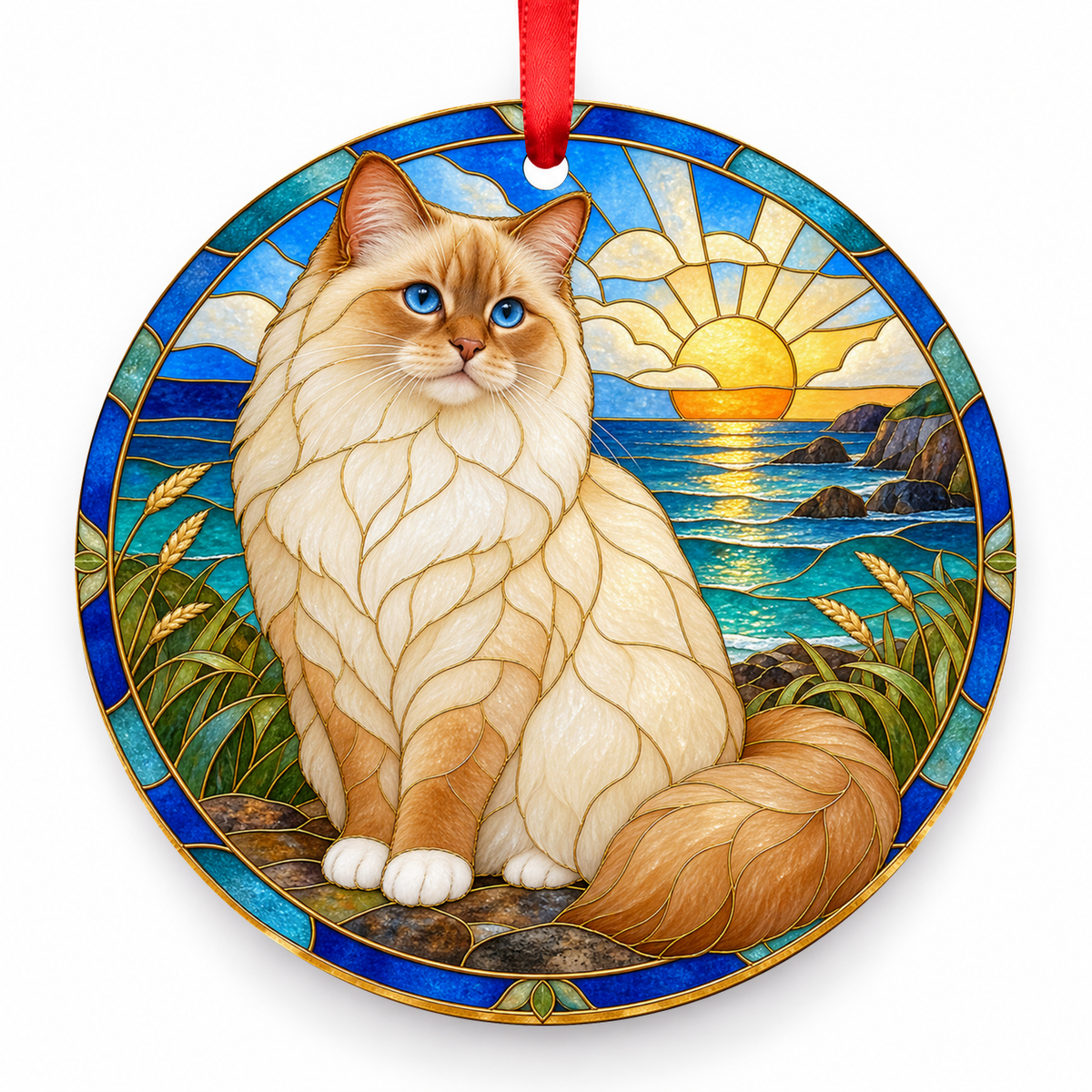 Birman Red Point porcelain Christmas ornament with red ribbon — ORN-10264