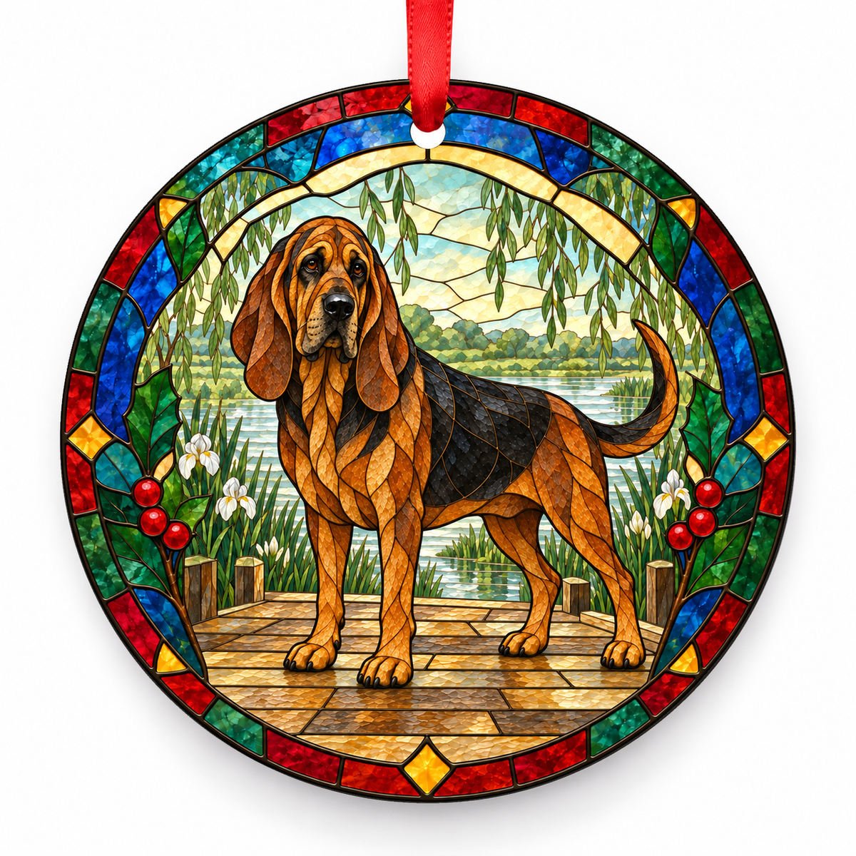 Bloodhound Black and Tan porcelain Christmas ornament with red ribbon — ORN-10270