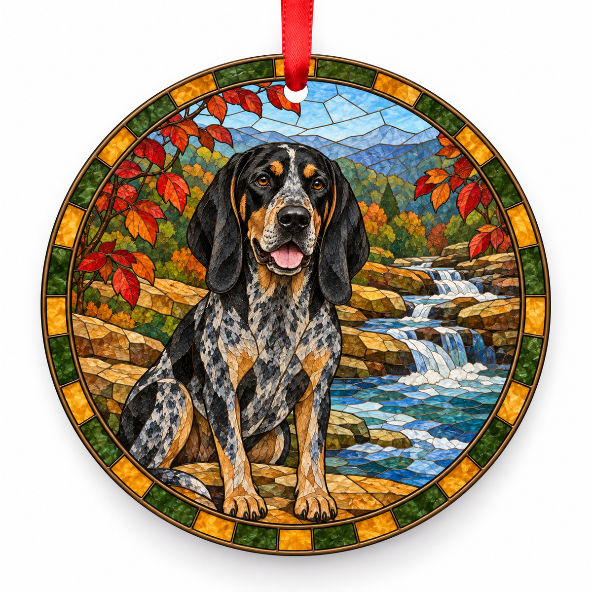 Bluetick Coonhound Blue Ticked and Tan porcelain Christmas ornament with red ribbon — ORN-10273