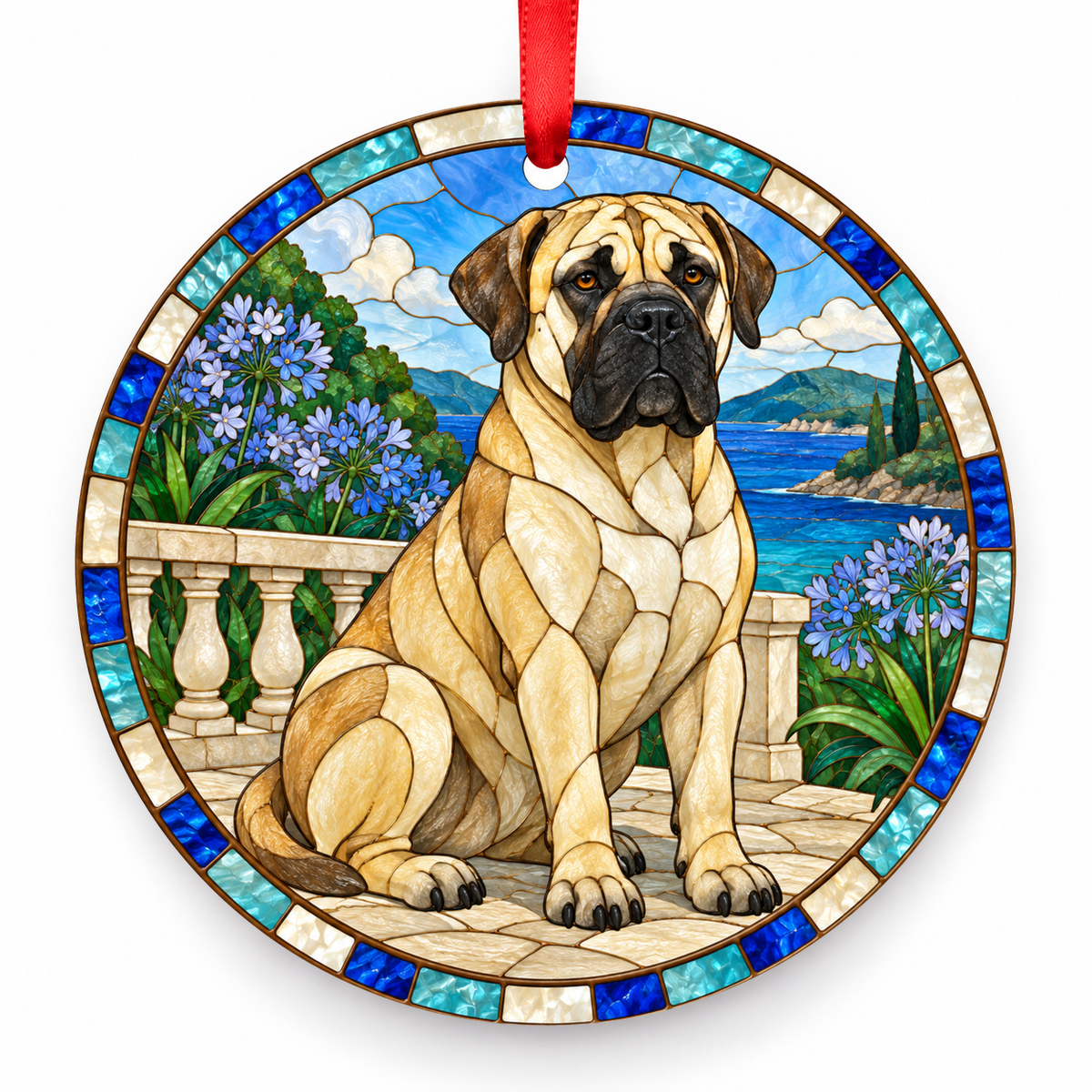 Boerboel Cream Black Mask porcelain Christmas ornament with red ribbon — ORN-10274