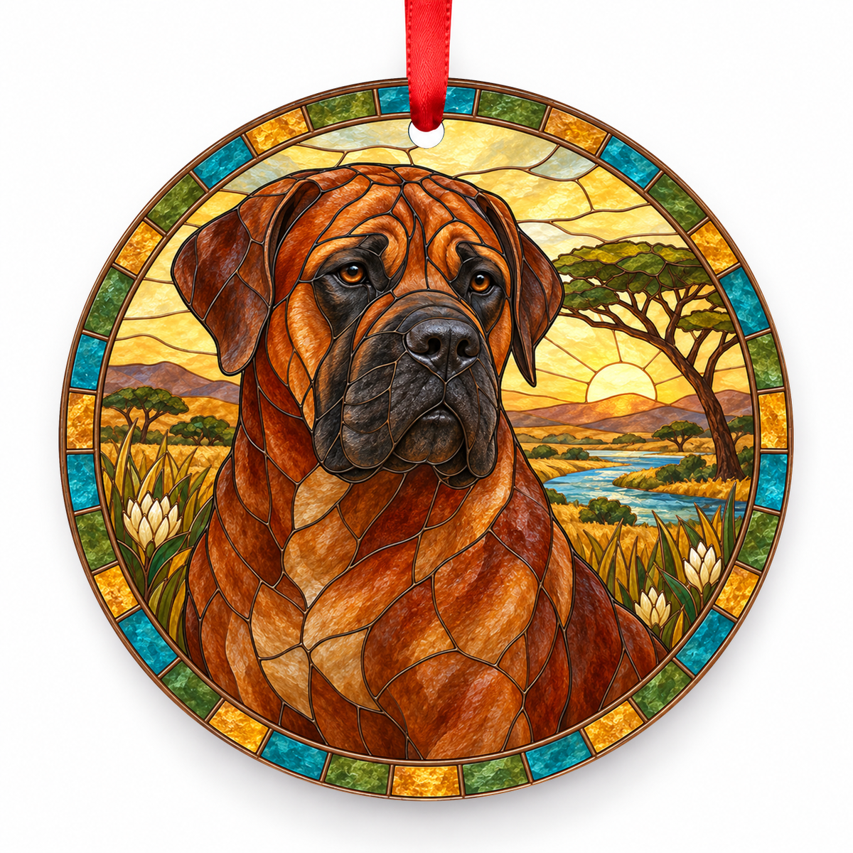 Boerboel Reddish Brown Black Mask porcelain Christmas ornament with red ribbon — ORN-10277