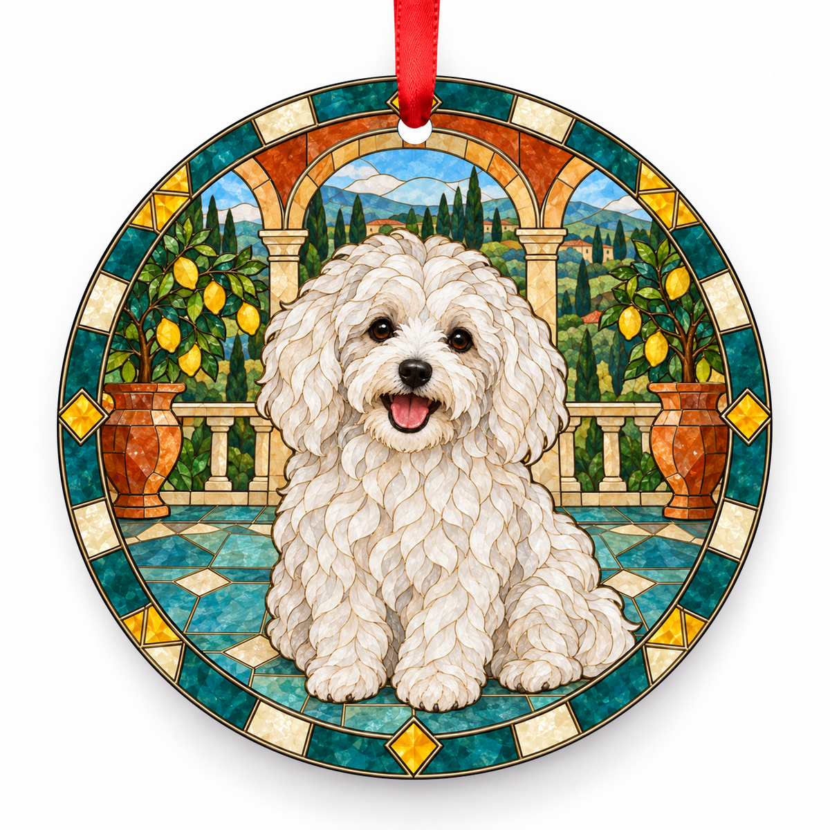 Bolognese White porcelain Christmas ornament with red ribbon — ORN-10280