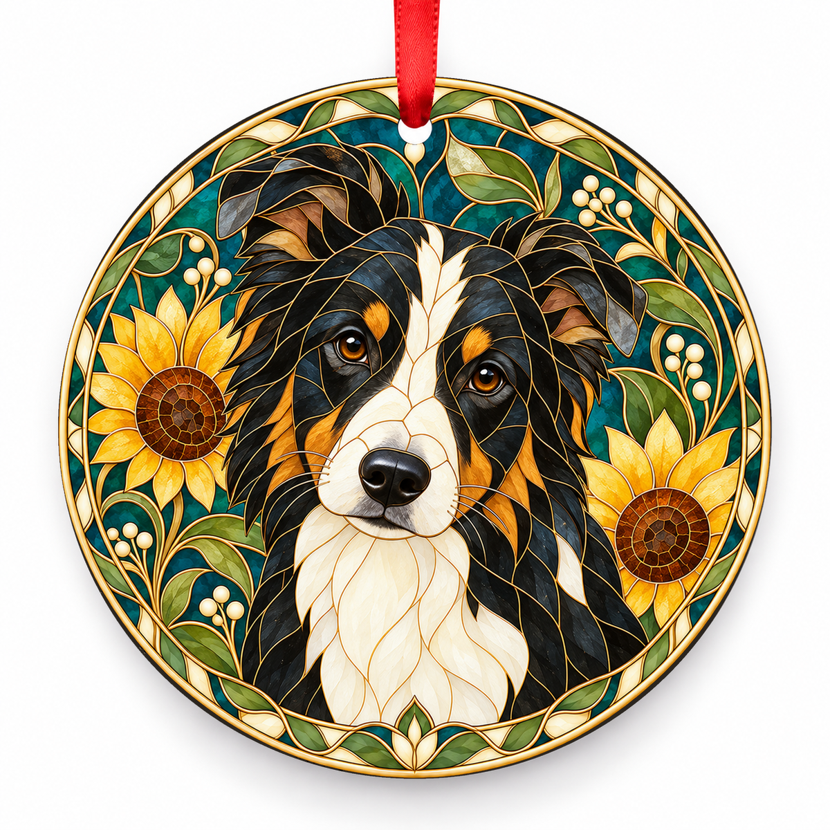 Border Collie Black Tricolor porcelain Christmas ornament with red ribbon — ORN-10282