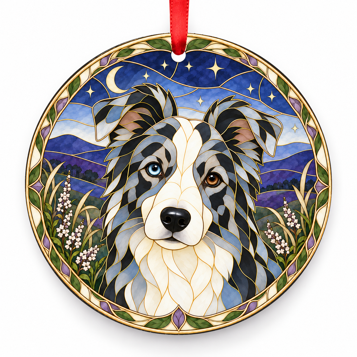 Border Collie Blue Merle and White porcelain Christmas ornament with red ribbon — ORN-10284