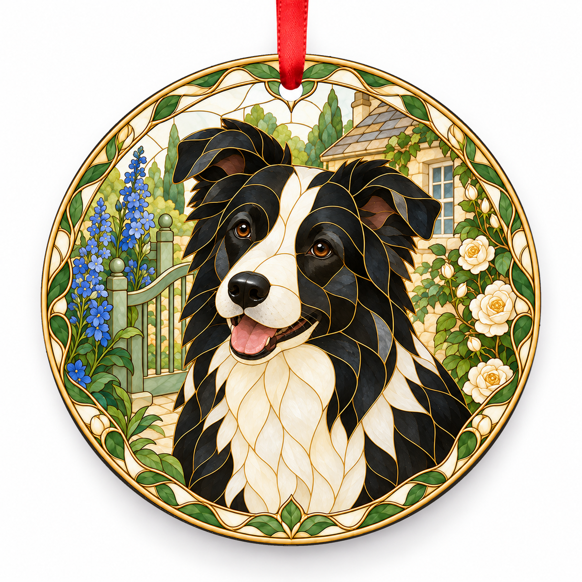 Border Collie Black and White porcelain Christmas ornament with red ribbon — ORN-10286