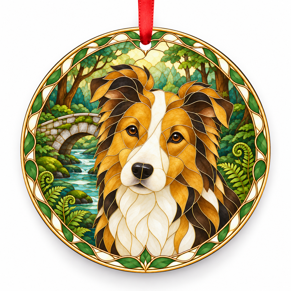Border Collie Sable and White porcelain Christmas ornament with red ribbon — ORN-10288