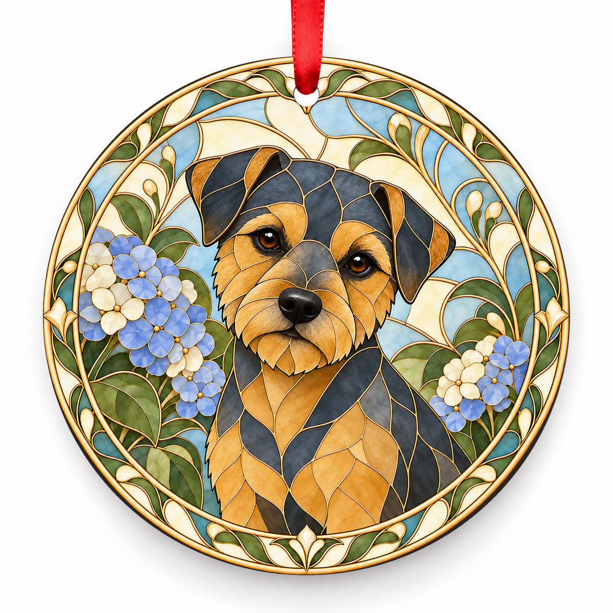 Border Terrier Blue and Tan porcelain Christmas ornament with red ribbon — ORN-10289