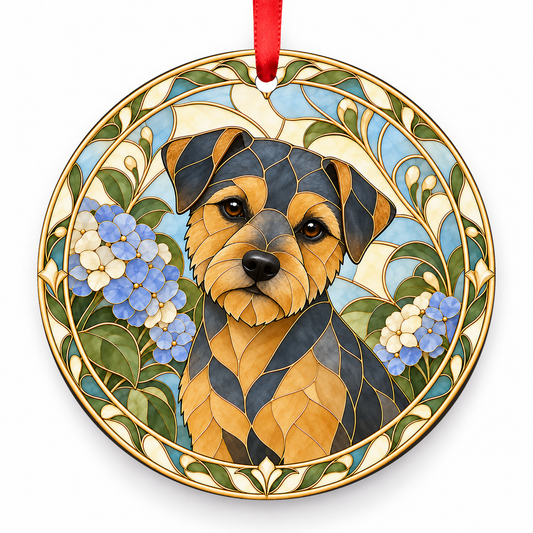 Border Terrier Blue and Tan porcelain Christmas ornament with red ribbon — ORN-10289