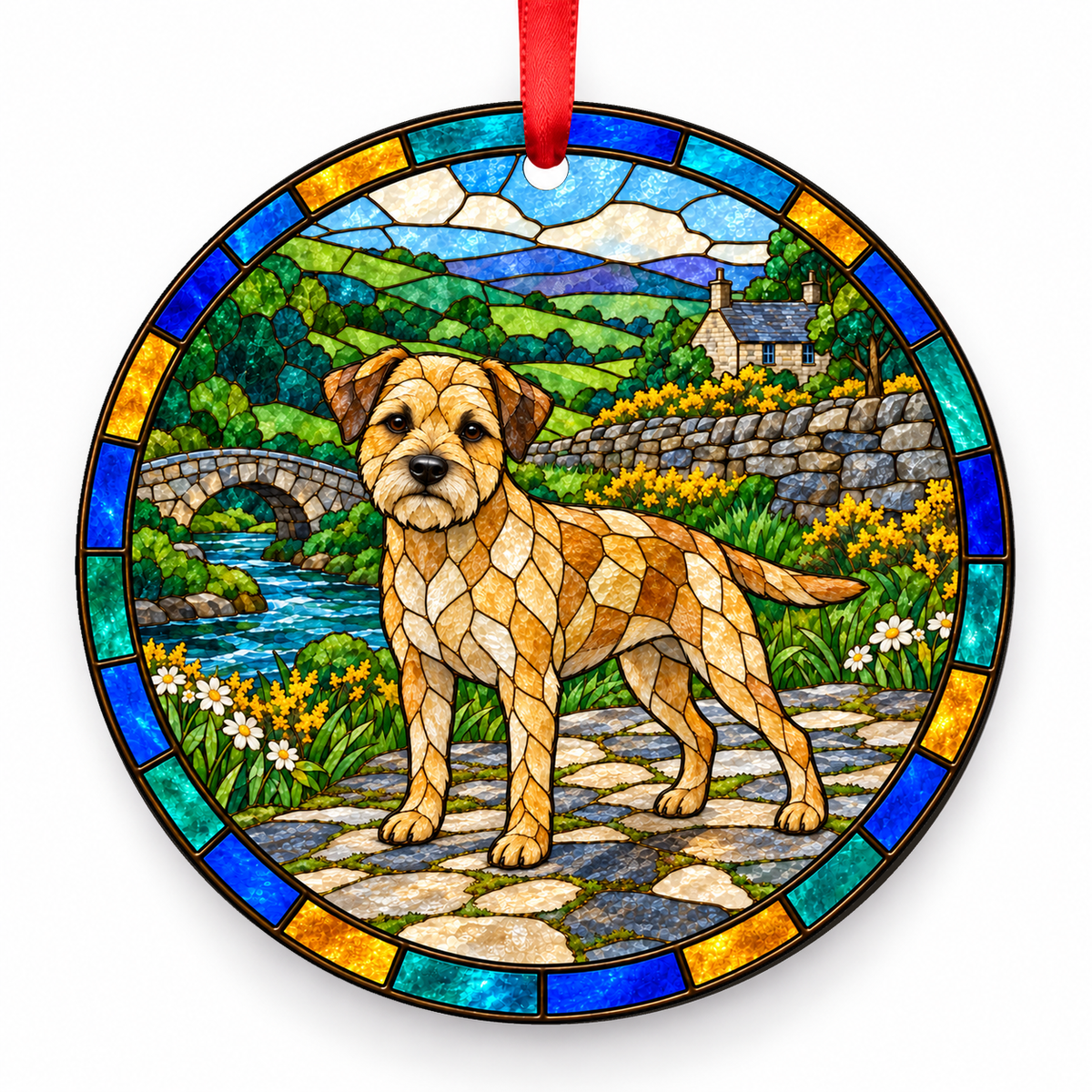 Border Terrier Wheaten porcelain Christmas ornament with red ribbon — ORN-10292