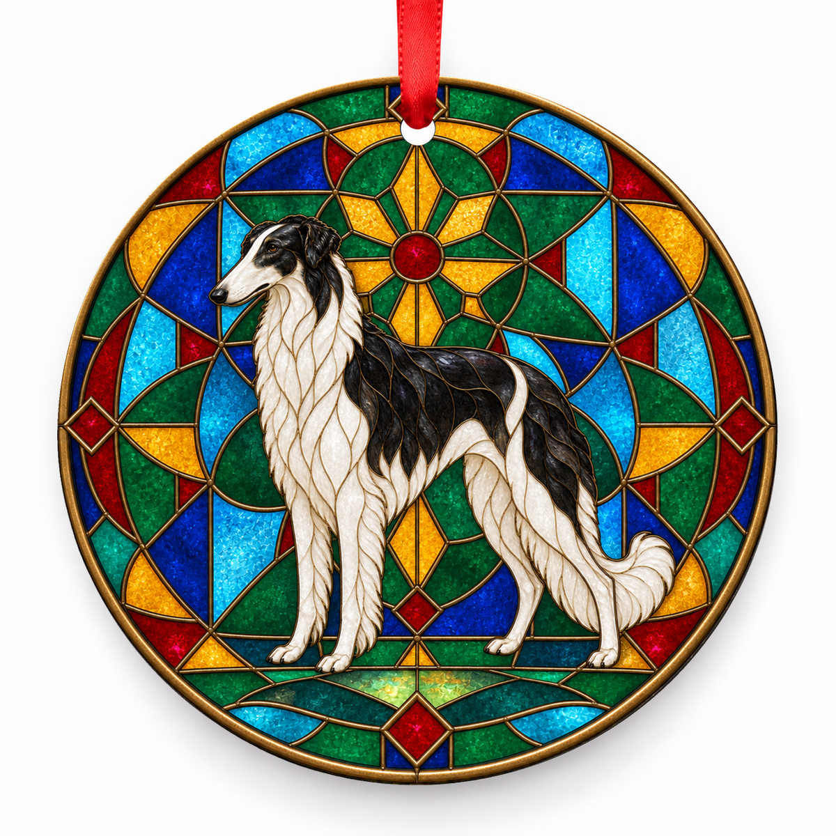 Borzoi Black and White porcelain Christmas ornament with red ribbon — ORN-10293