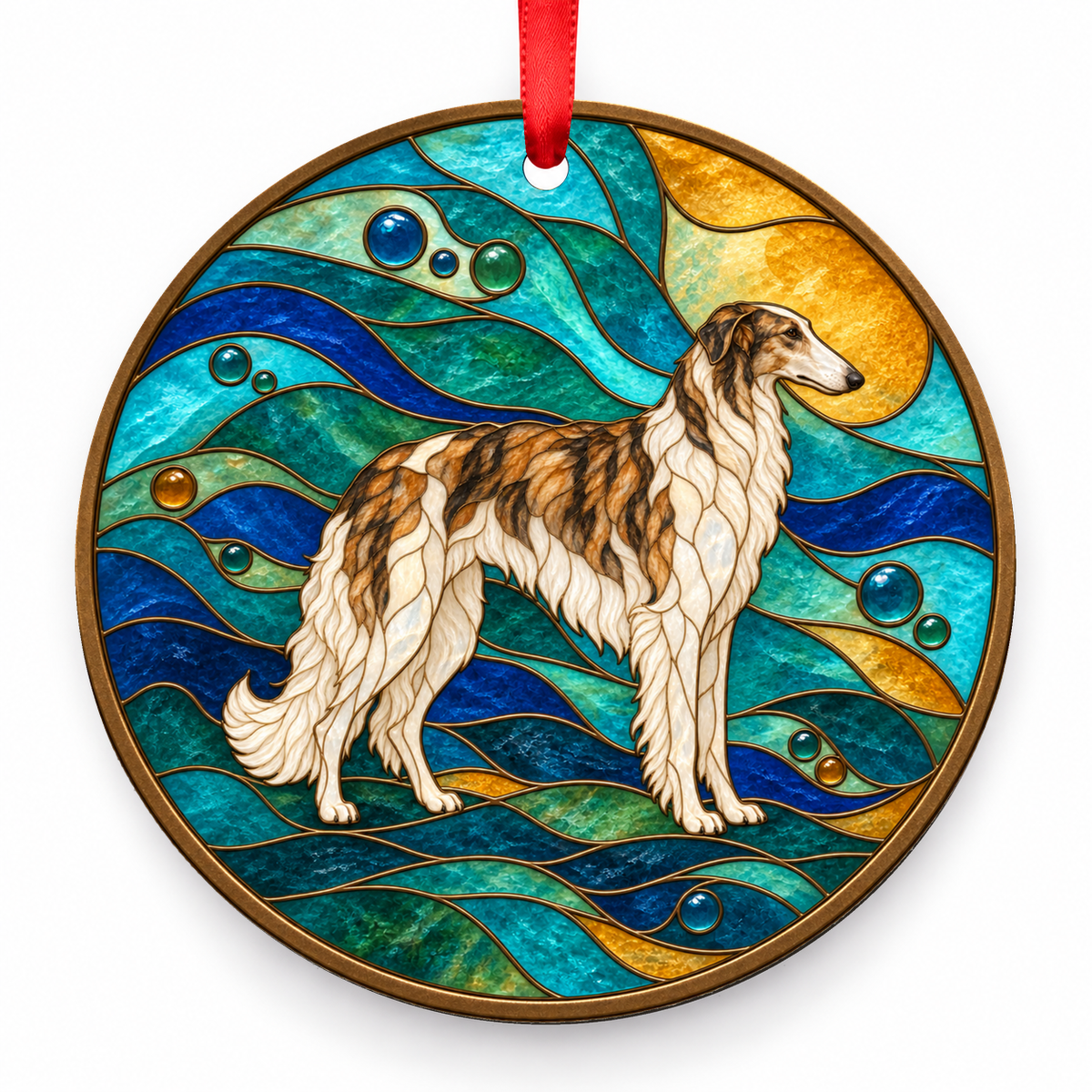 Borzoi Brindle and White porcelain Christmas ornament with red ribbon — ORN-10294
