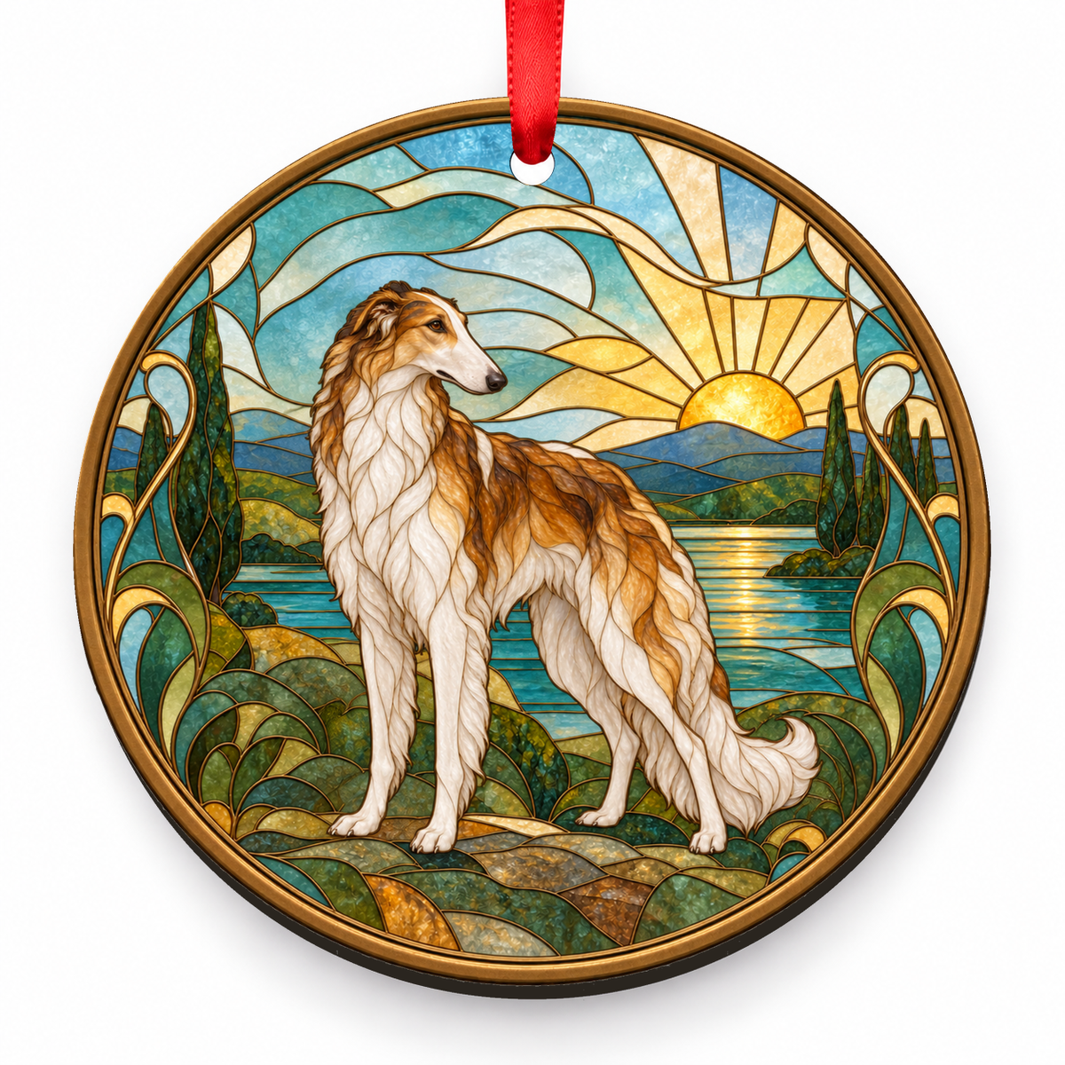 Borzoi Fawn and White porcelain Christmas ornament with red ribbon — ORN-10295