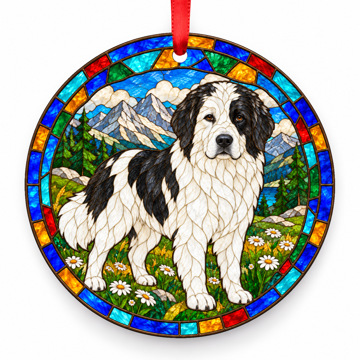 Bosnian and Herzegovinian - Croatian Shepherd Dog (Tornjak) Black and White porcelain Christmas ornament with red ribbon — ORN-10298