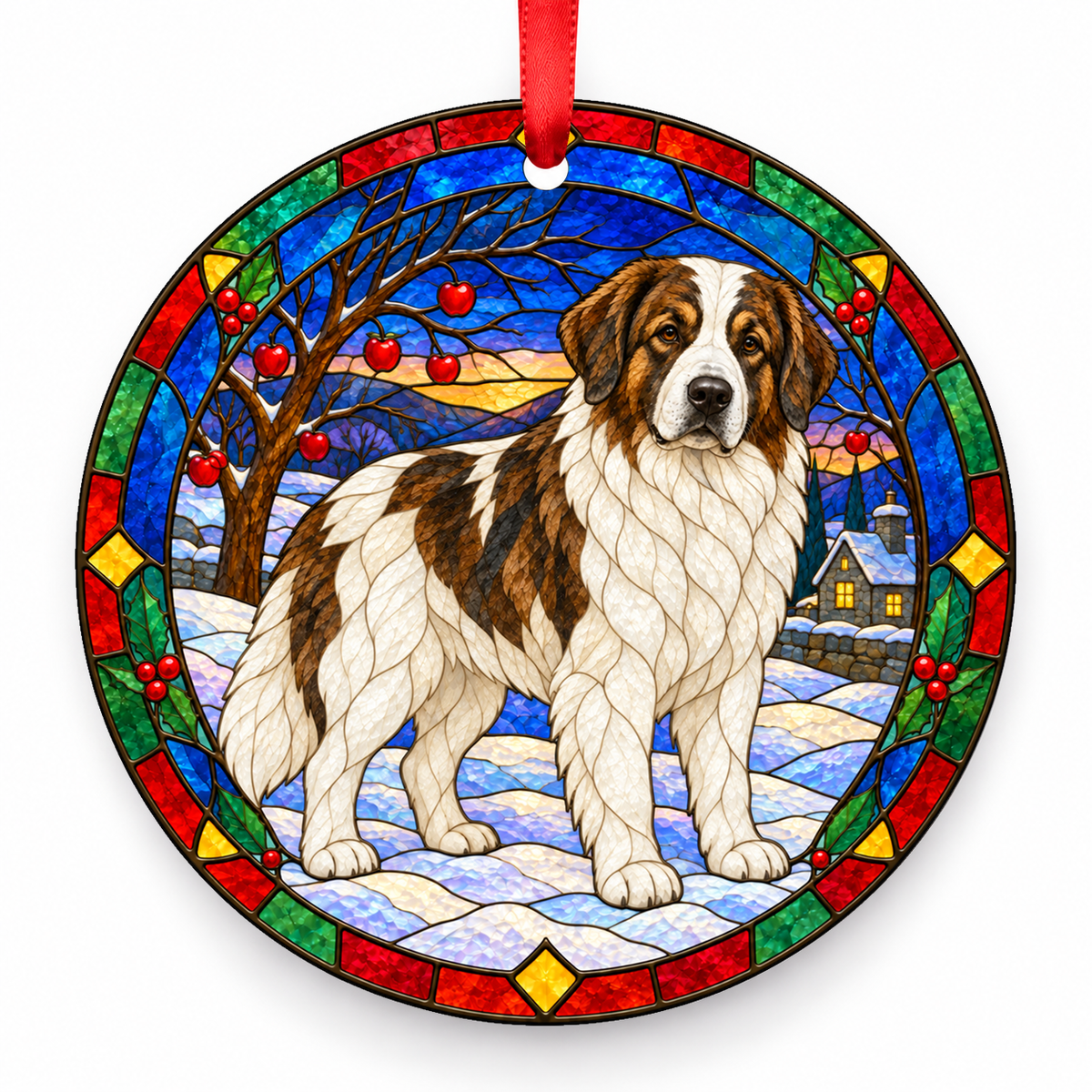 Bosnian and Herzegovinian - Croatian Shepherd Dog (Tornjak) Tricolor porcelain Christmas ornament with red ribbon — ORN-10301