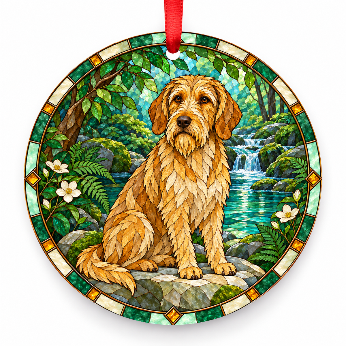 Bosnian Coarse-haired Hound (Barak) Wheaten Yellow porcelain Christmas ornament with red ribbon — ORN-10304