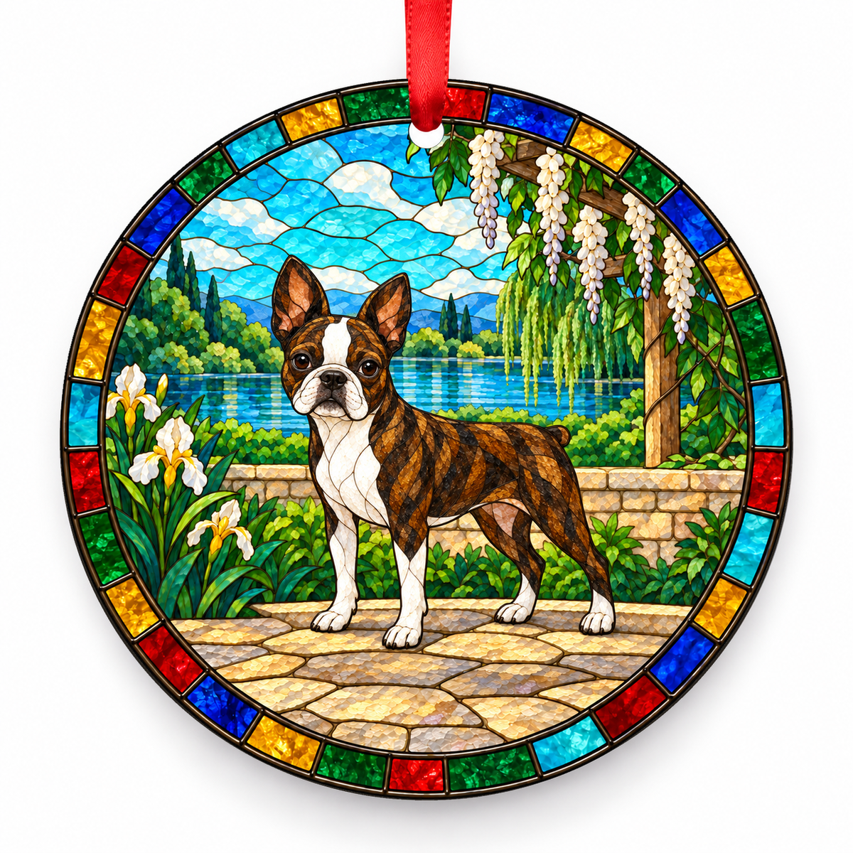 Boston Terrier Brindle and White porcelain Christmas ornament with red ribbon — ORN-10305
