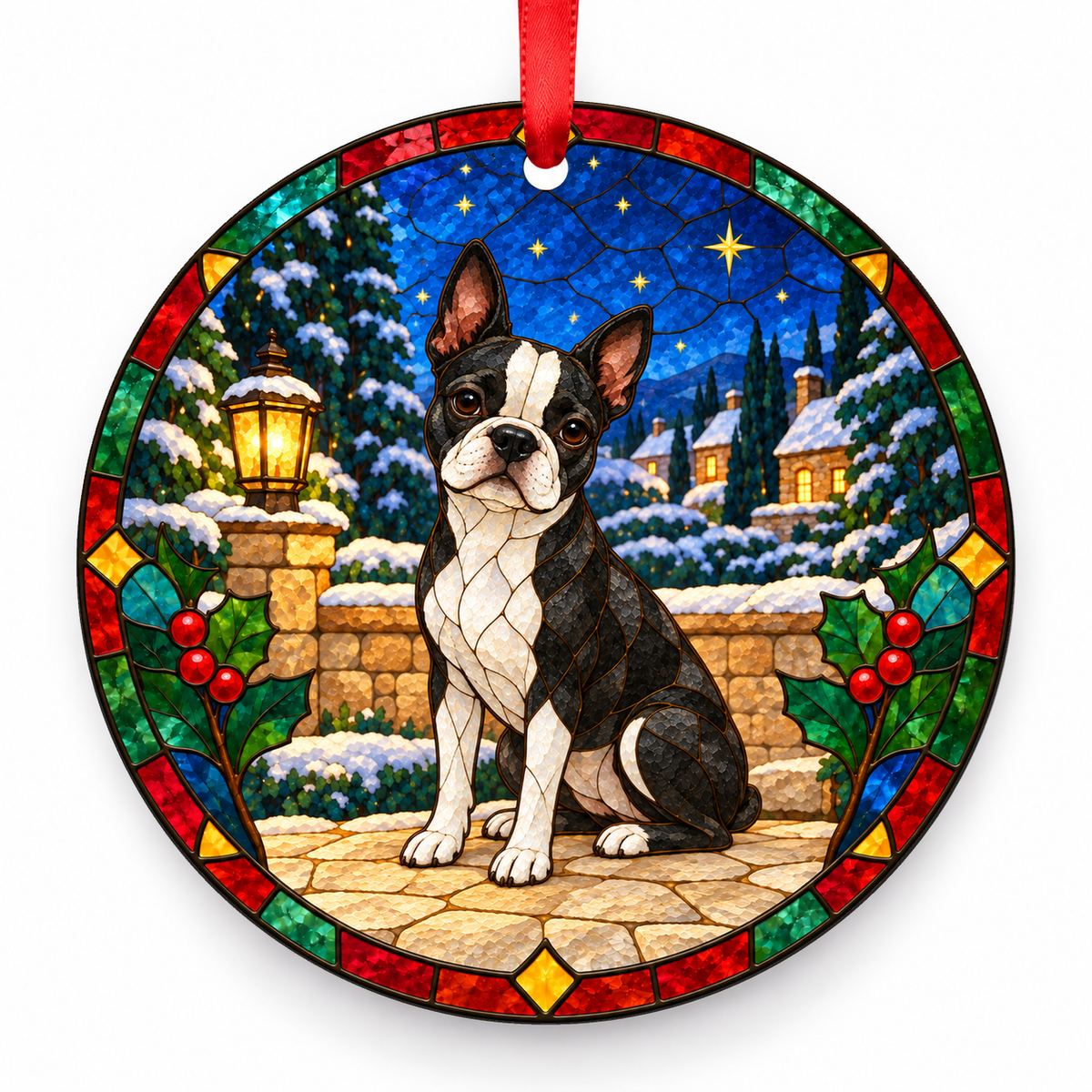 Boston Terrier Black and White porcelain Christmas ornament with red ribbon — ORN-10306