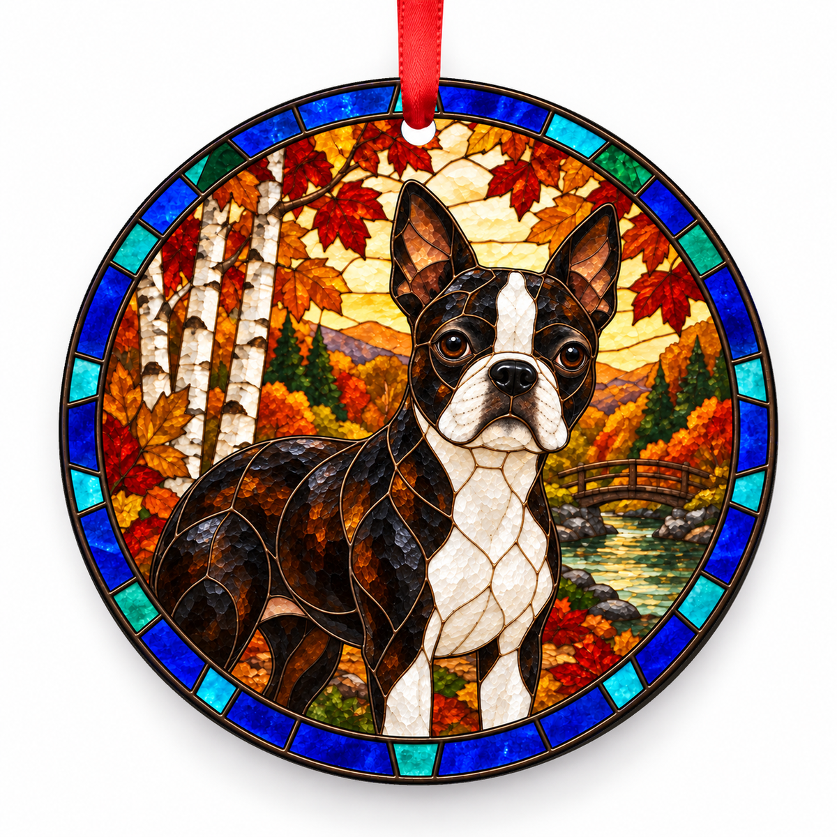 Boston Terrier Seal and White porcelain Christmas ornament with red ribbon — ORN-10307