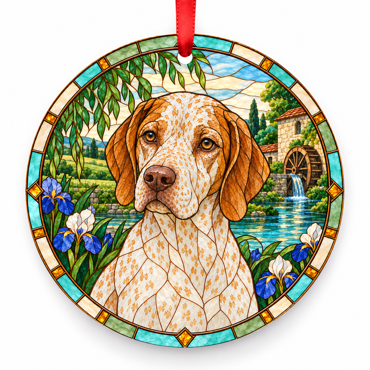 Bourbonnais Pointing Dog Fawn Ticked porcelain Christmas ornament with red ribbon — ORN-10308