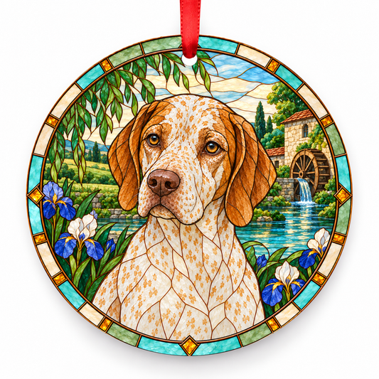Bourbonnais Pointing Dog Fawn Ticked porcelain Christmas ornament with red ribbon — ORN-10308