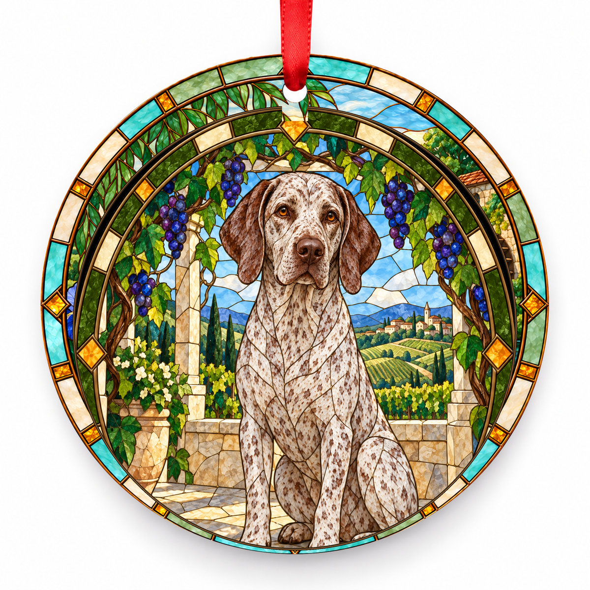 Bourbonnais Pointing Dog Liver Ticked stained glass style Christmas ornament