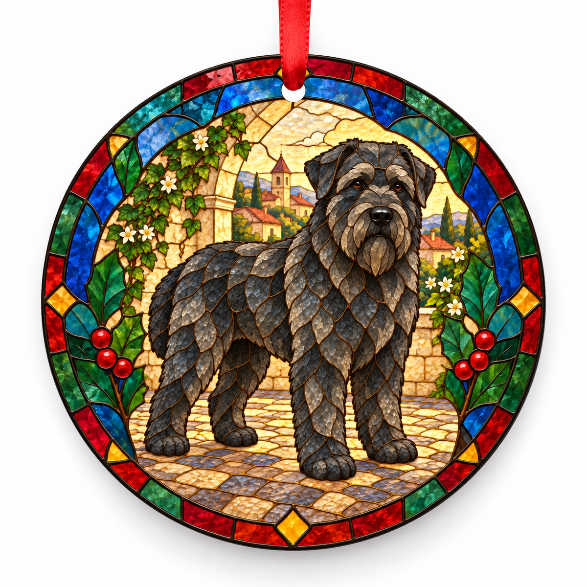 Bouvier des Flandres Gray porcelain Christmas ornament with red ribbon — ORN-10316