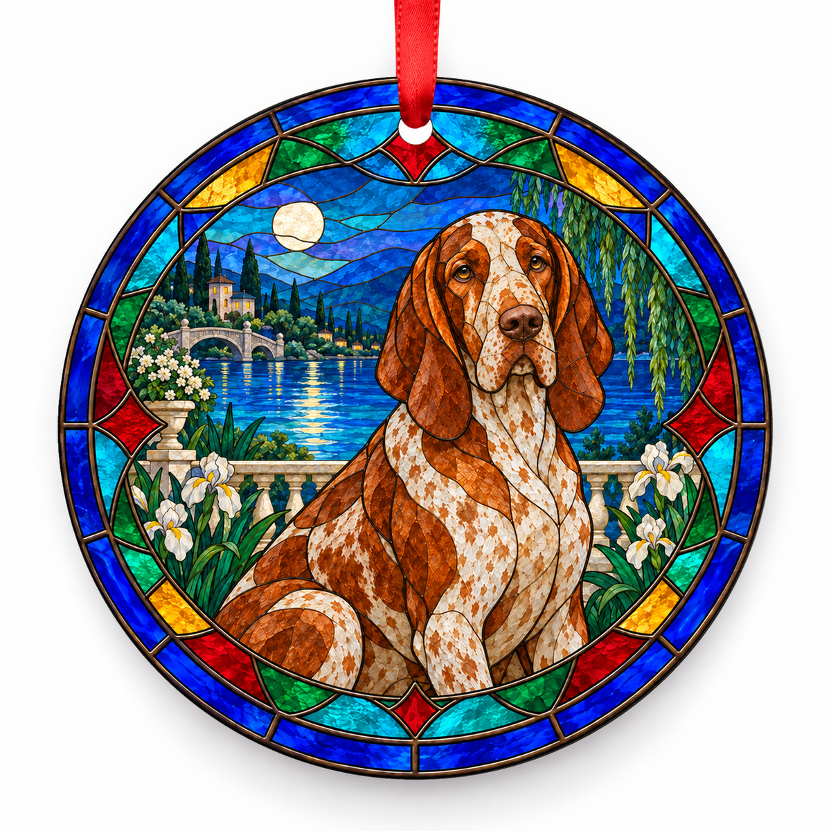 Bracco Italiano Chestnut Roan porcelain Christmas ornament with red ribbon — ORN-10320