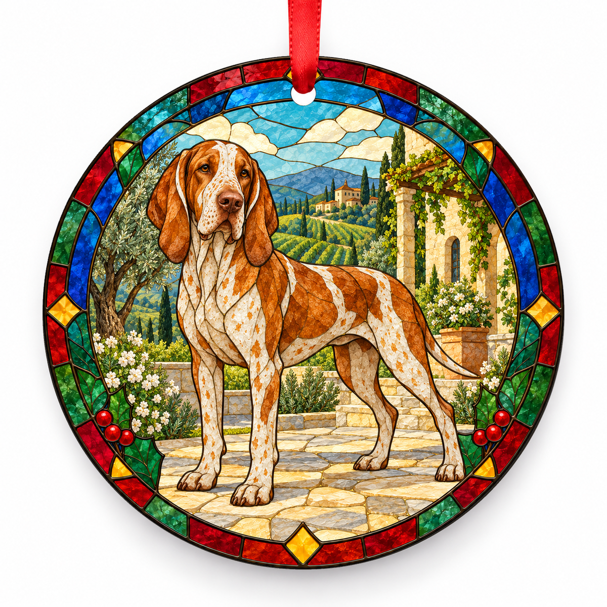 Bracco Italiano Orange and White porcelain Christmas ornament with red ribbon — ORN-10321