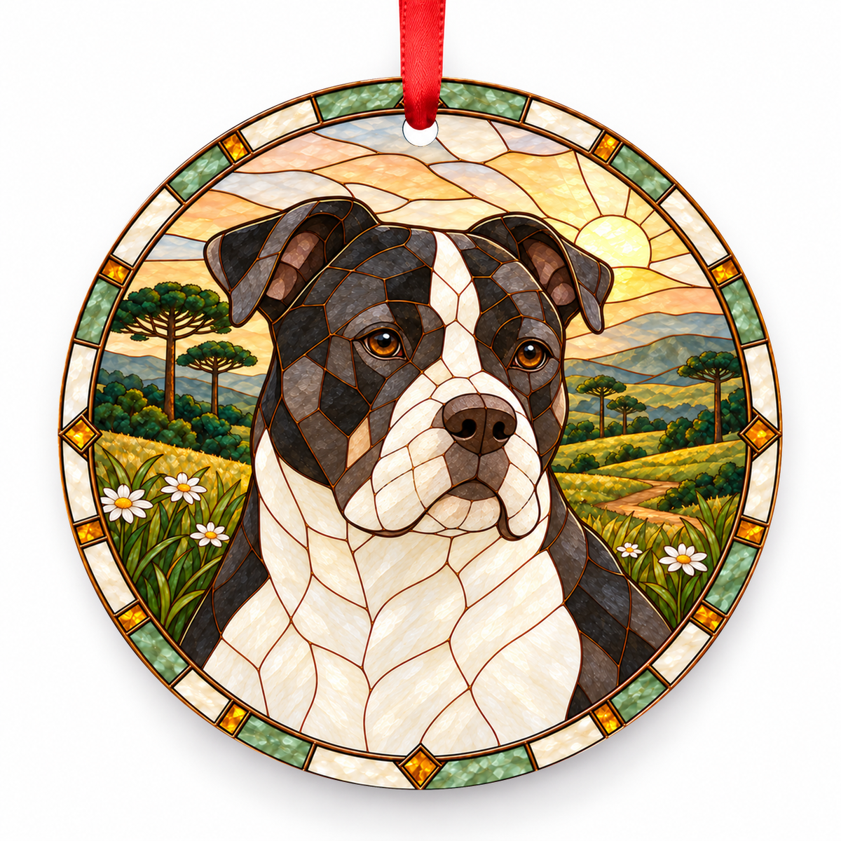 Brazilian Campeiro Bulldog Black and White porcelain Christmas ornament with red ribbon — ORN-10322