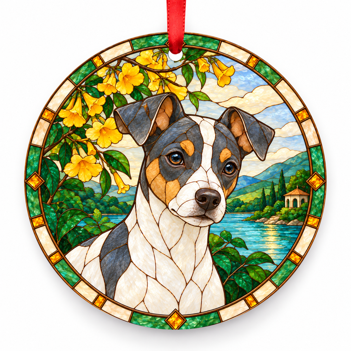 Brazilian Terrier Blue Tricolor porcelain Christmas ornament with red ribbon — ORN-10325