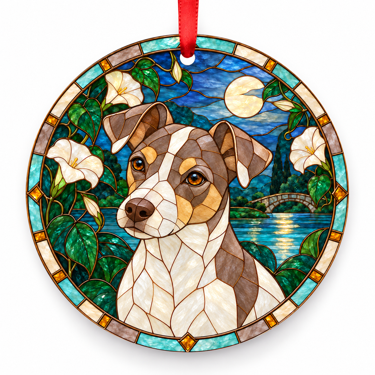 Brazilian Terrier Isabella Tricolor porcelain Christmas ornament with red ribbon — ORN-10327