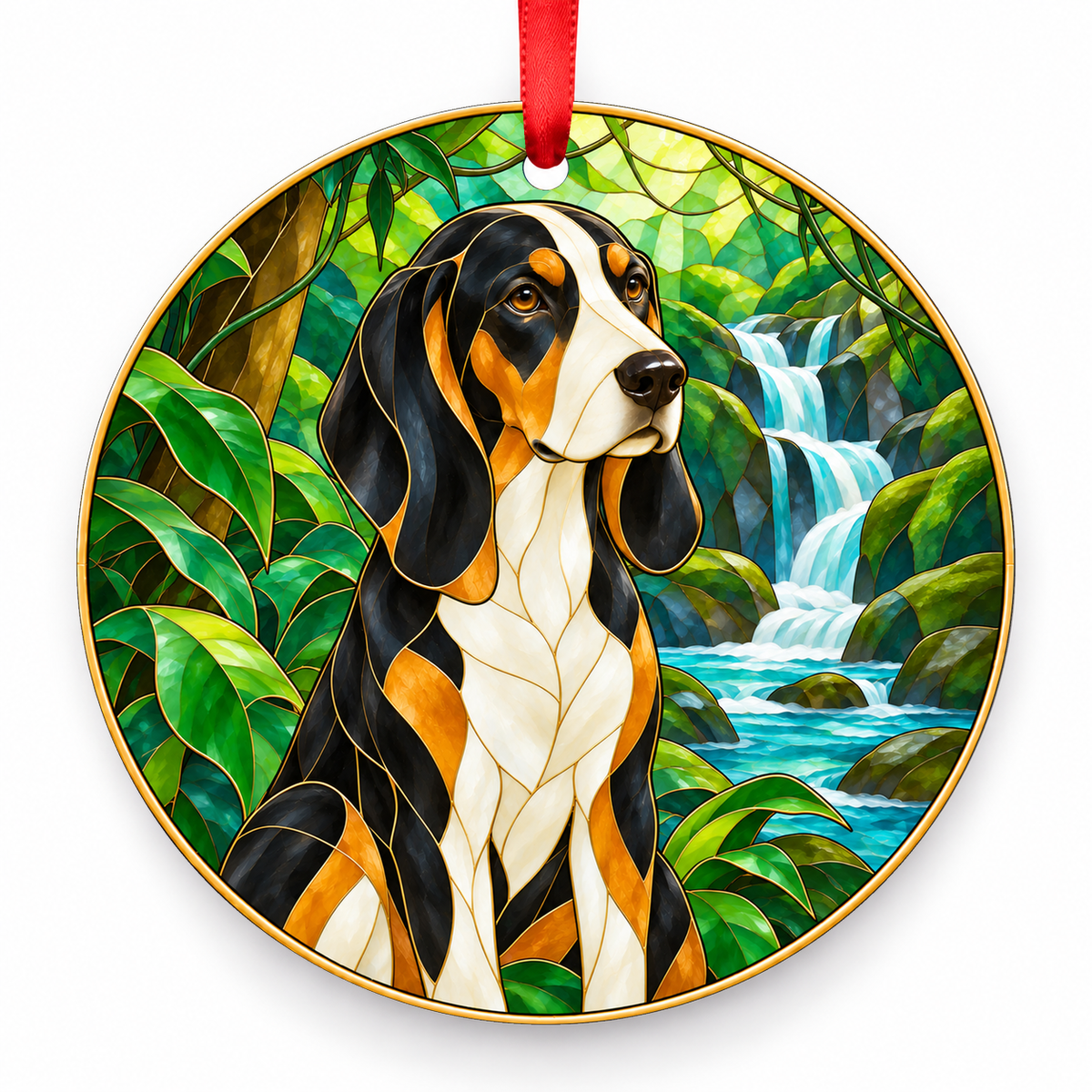Brazilian Tracker Black, White and Tan porcelain Christmas ornament with red ribbon — ORN-10329
