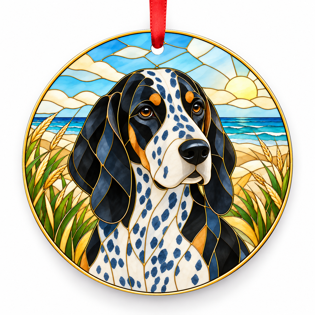 Brazilian Tracker Blue Ticked porcelain Christmas ornament with red ribbon — ORN-10330