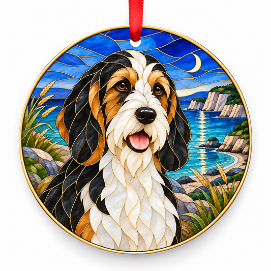 Briquet Griffon Vendéen Black, White and Tan porcelain Christmas ornament with red ribbon — ORN-10336