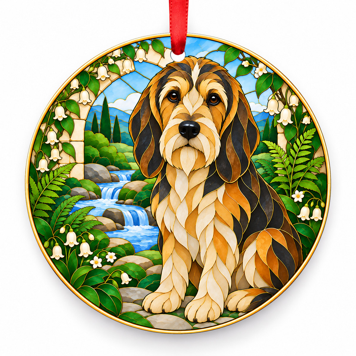Briquet Griffon Vendéen Fawn Black Overlay porcelain Christmas ornament with red ribbon — ORN-10337